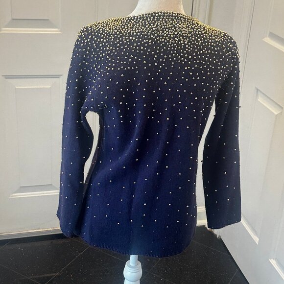 Vintage 80's Bonnie Boerer Embellished Navy Sweater with Gold Beads S - Picture 6 of 14